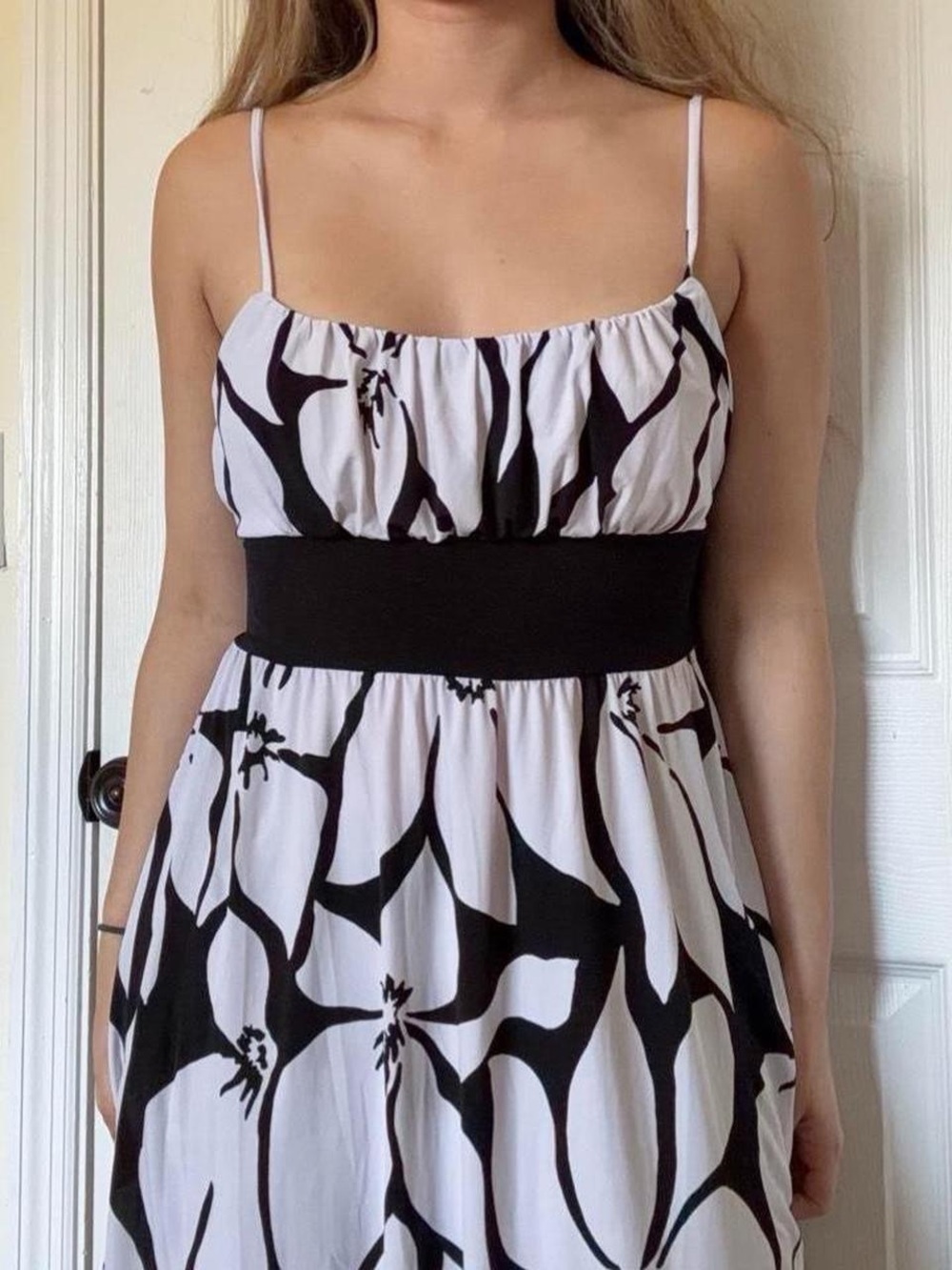 Wrapper Black and White Floral Mini Dress with Spaghetti Straps